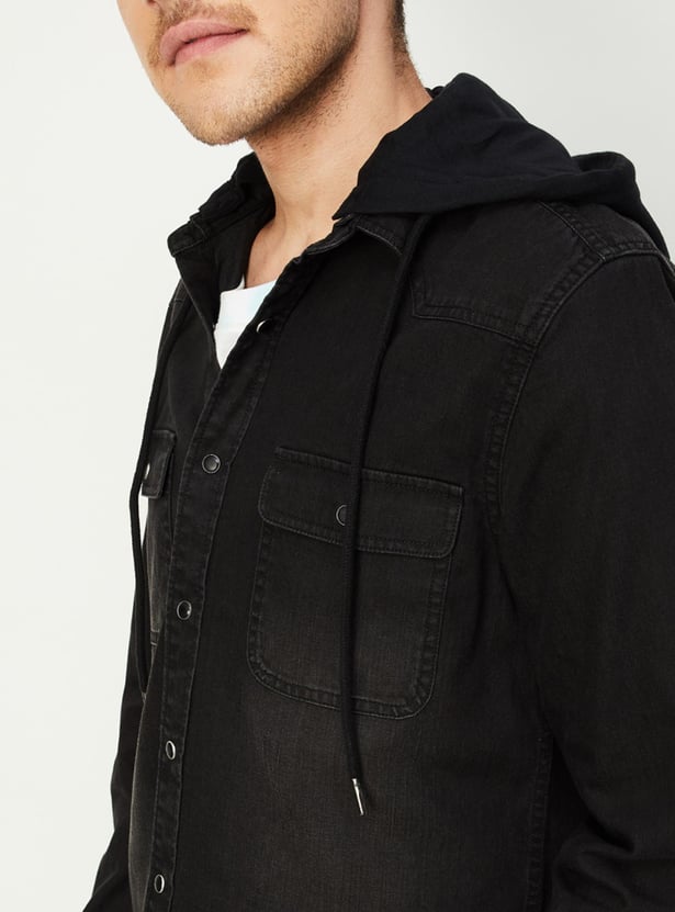 Men Washed Hooded Denim Shirt