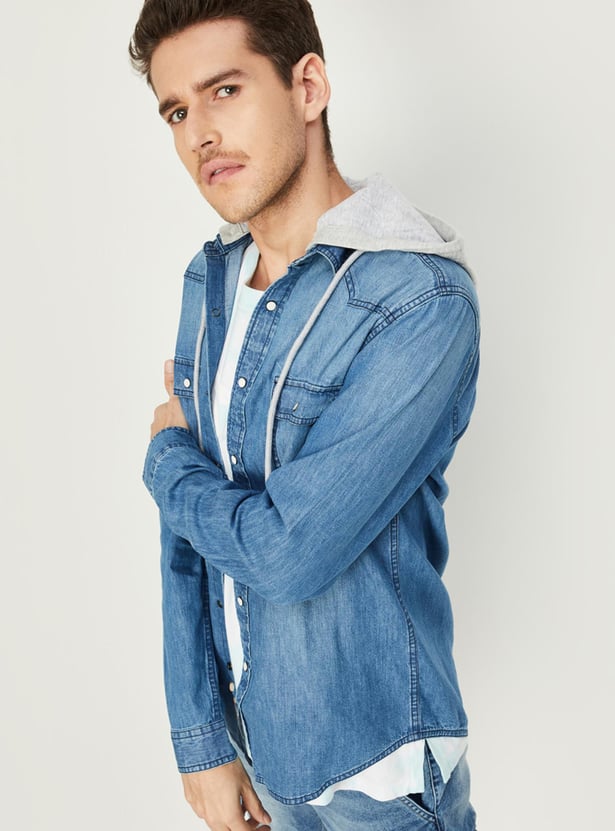 Buy Men Washed Hooded Denim Shirt Online at just Rs. 1499.0 1000012654618 Max Fashion