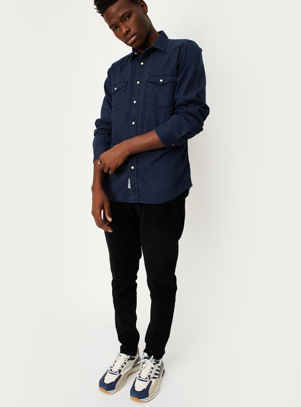 Brown Blue Jeans Shirt With Black Jeans Men Solid Slim Fit Denim Shirt