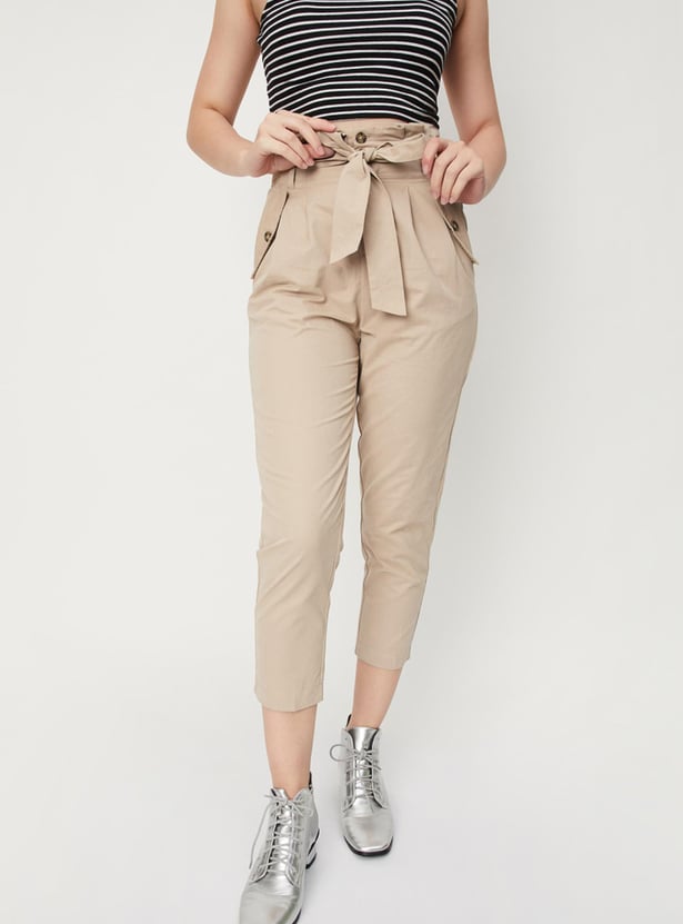 Women Paperbag Waist Crop Trousers