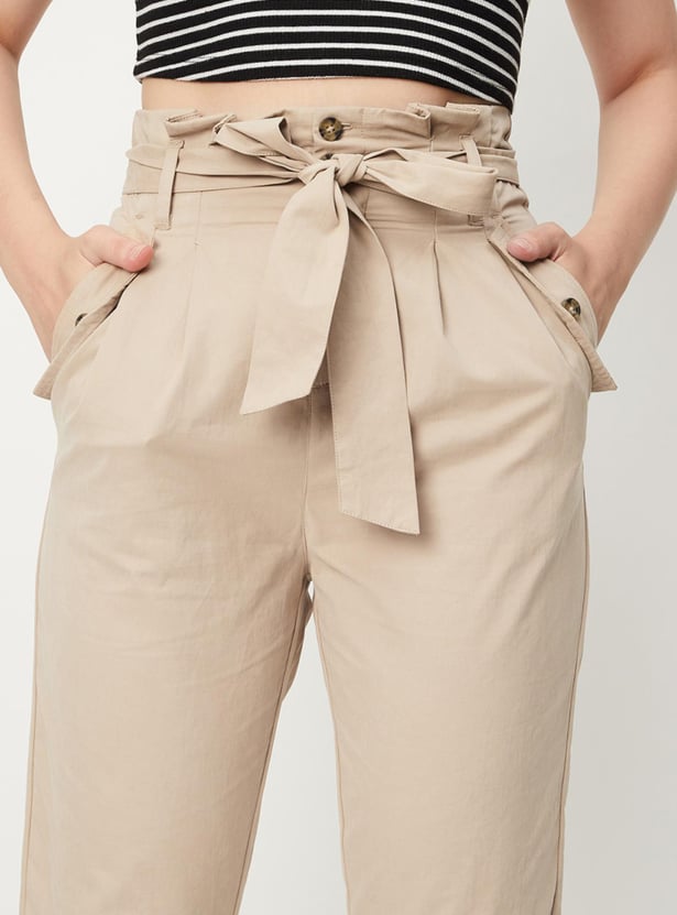Women Paperbag Waist Crop Trousers