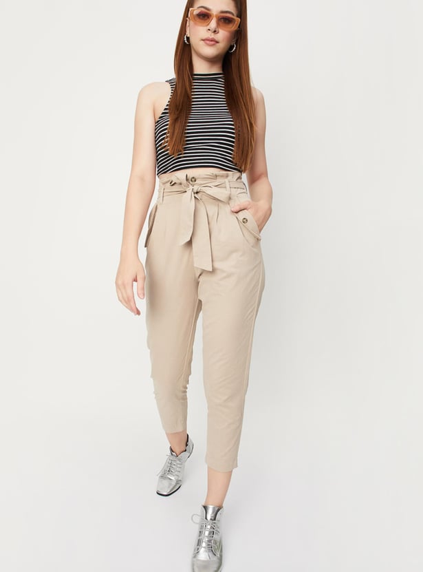 Women Paperbag Waist Crop Trousers
