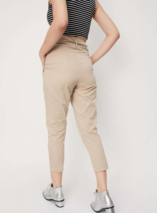 Women Paperbag Waist Crop Trousers