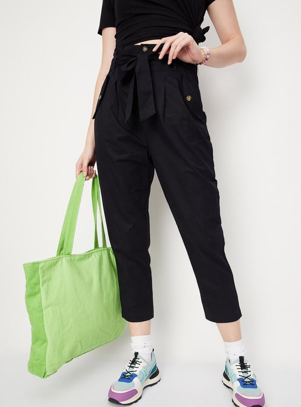 Women Paperbag Waist Crop Trousers