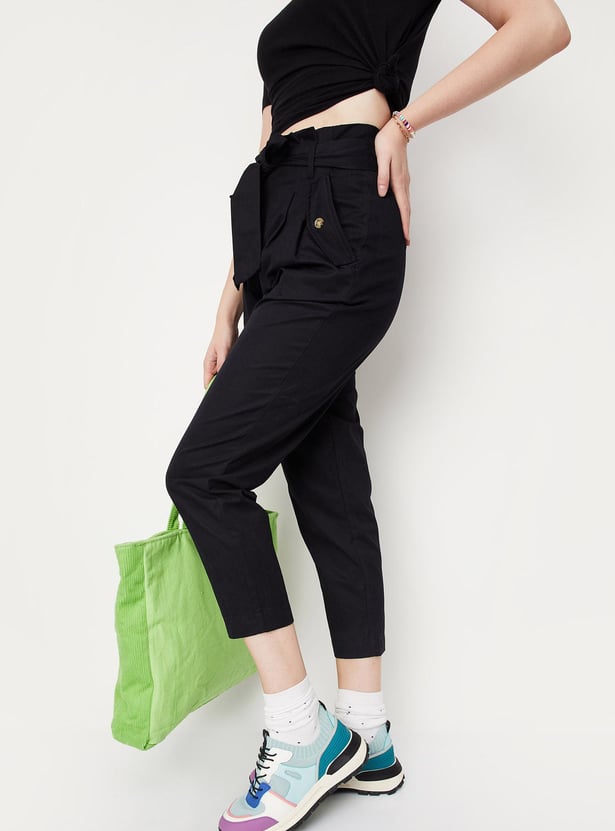 Women Paperbag Waist Crop Trousers