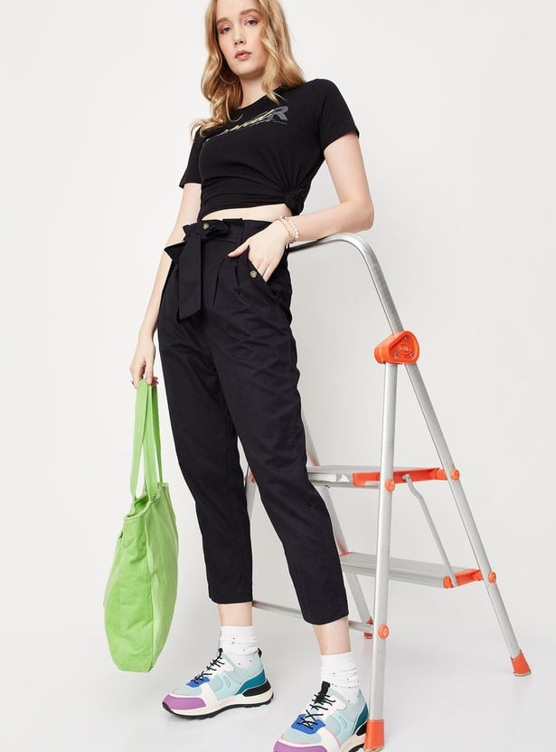 Women Paperbag Waist Crop Trousers