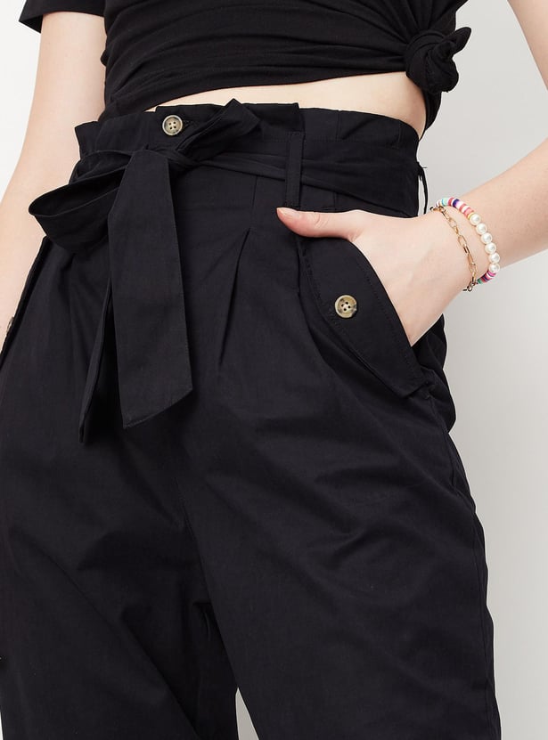 Women Paperbag Waist Crop Trousers