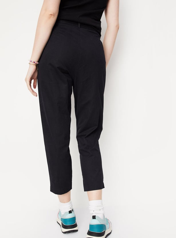 Women Paperbag Waist Crop Trousers