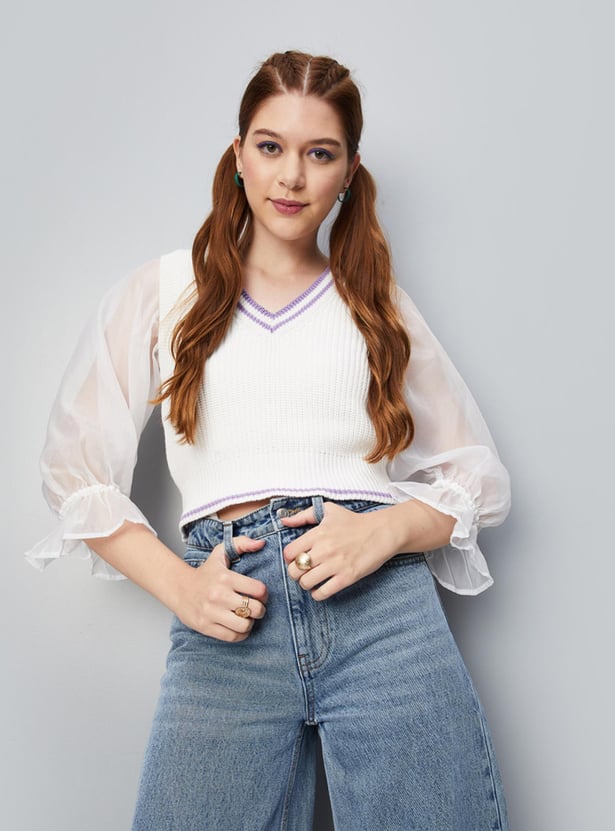 Women Solid Cropped Sweater Vest