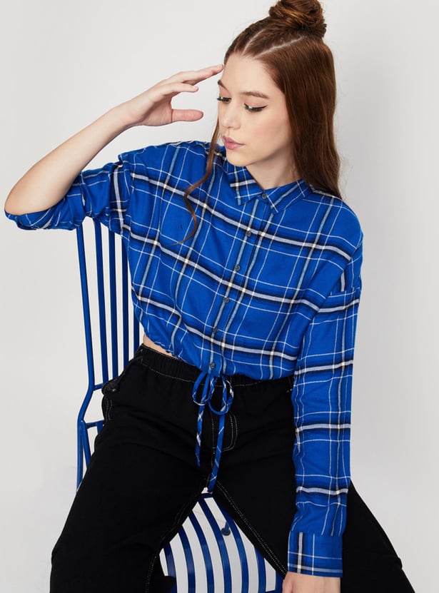 Women Yarn Dyed Plaid Balloon Shirt