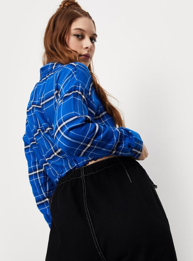 Women Yarn Dyed Plaid Balloon Shirt