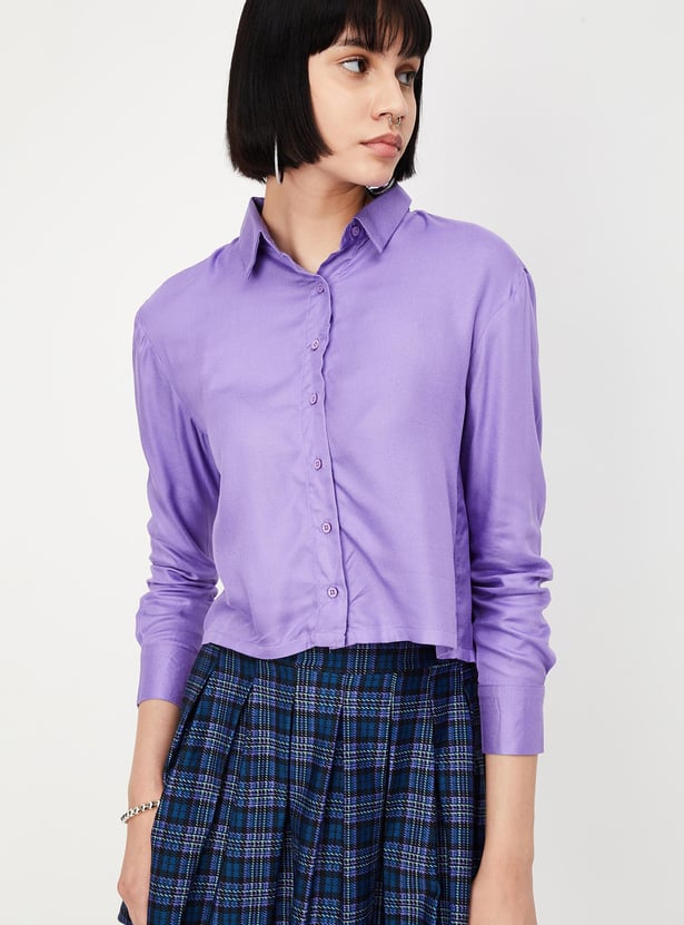 Women Solid Cropped Boxy Shirt