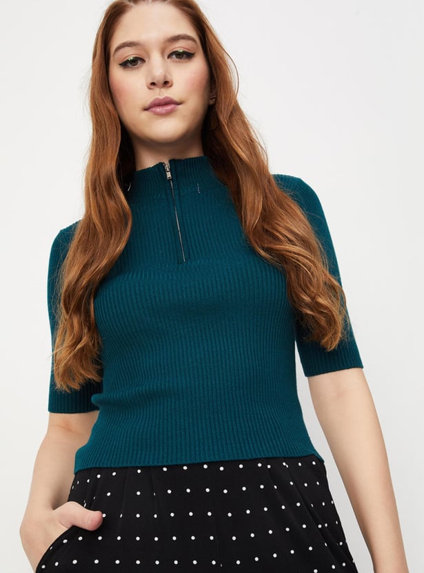 Women Rib Knit Zip Top