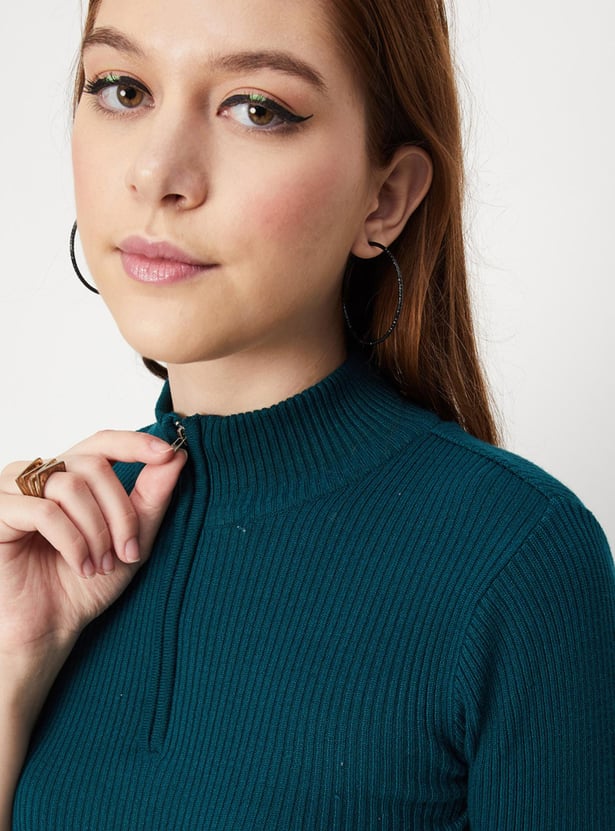 Women Rib Knit Zip Top