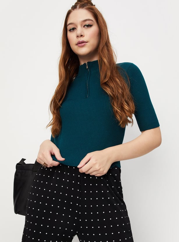 Women Rib Knit Zip Top