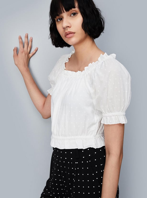Women Dobby Woven Ruffled Top