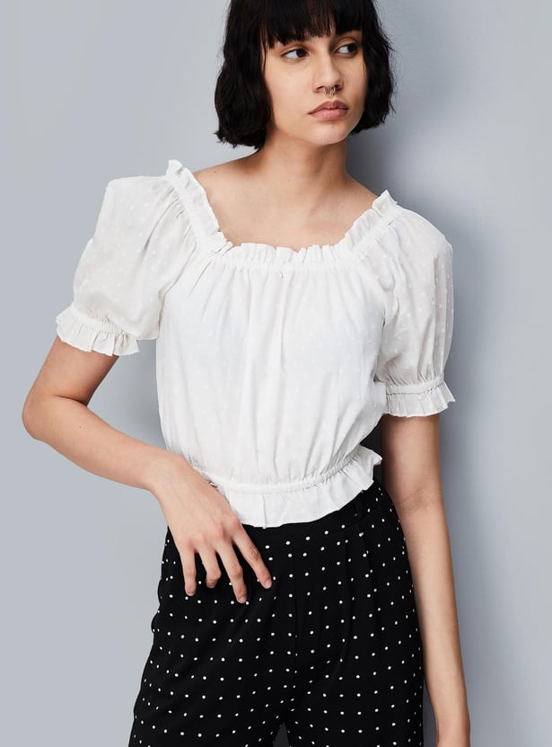 Women Dobby Woven Ruffled Top