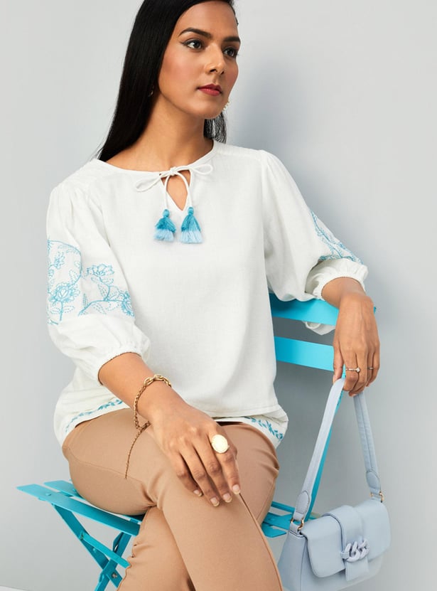 Women Embroidered Tassel Tie-Up Top