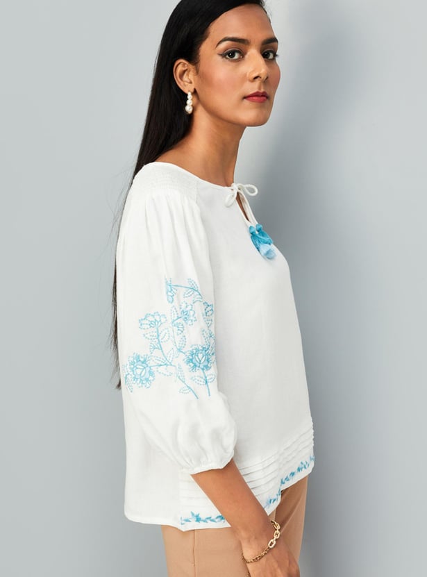 Women Embroidered Tassel Tie-Up Top