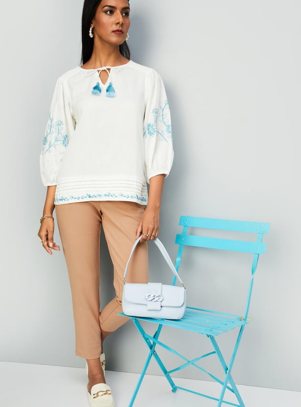 Women Embroidered Tassel Tie-Up Top
