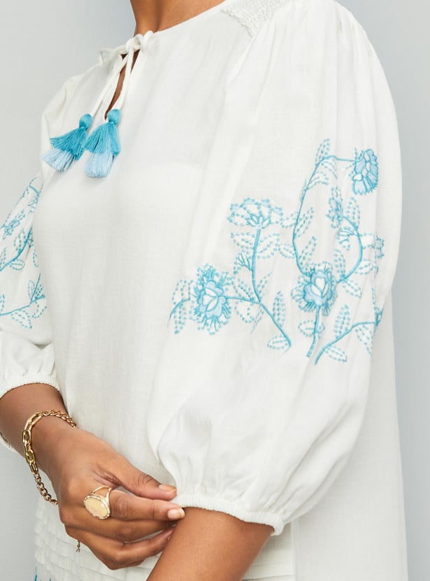 Women Embroidered Tassel Tie-Up Top