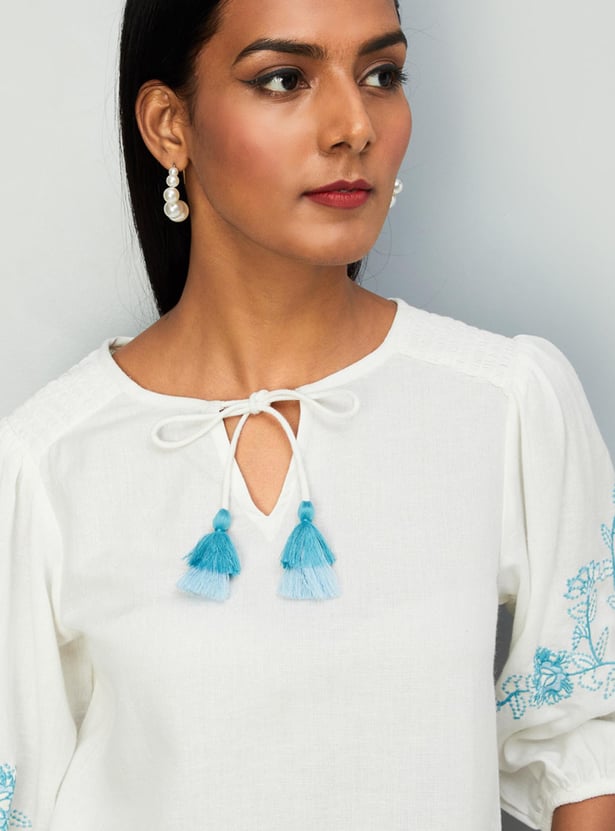 Women Embroidered Tassel Tie-Up Top