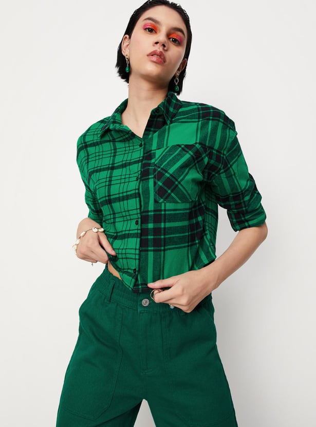 Women Yarn Dyed Checked Crop Shirt