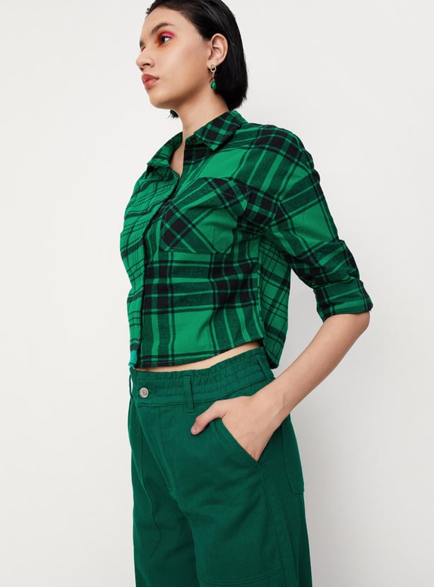 Women Yarn Dyed Checked Crop Shirt