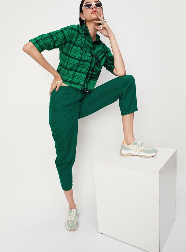 Women Yarn Dyed Checked Crop Shirt