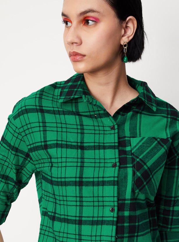Women Yarn Dyed Checked Crop Shirt