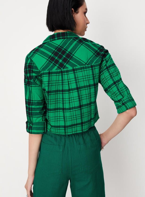 Women Yarn Dyed Checked Crop Shirt