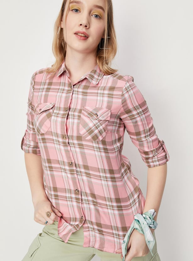Women Checked Double Pocket Shirt