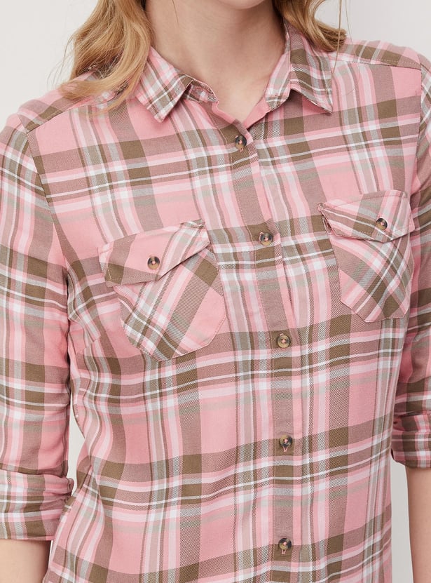 Women Checked Double Pocket Shirt