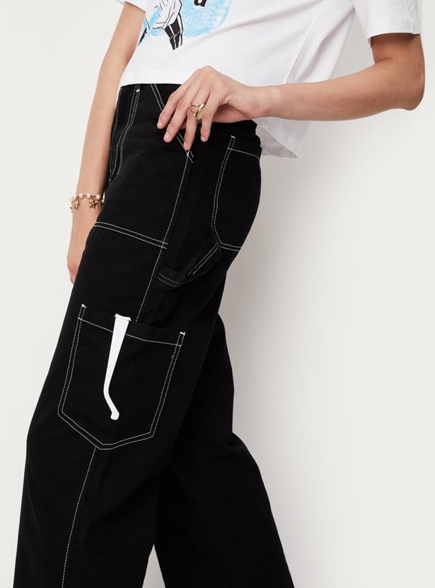 Women Contrast Stitch Wide Leg Cargo