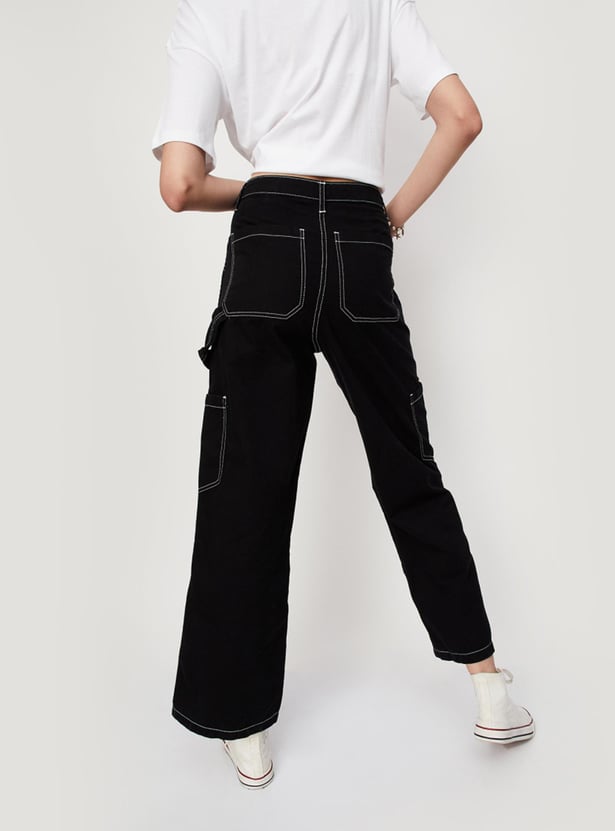 Women Contrast Stitch Wide Leg Cargo