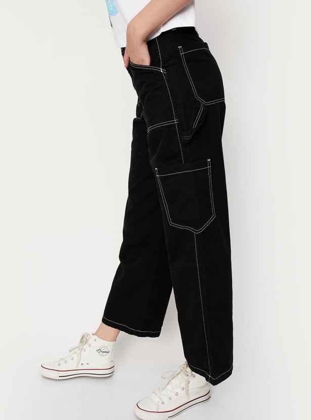 Women Contrast Stitch Wide Leg Cargo