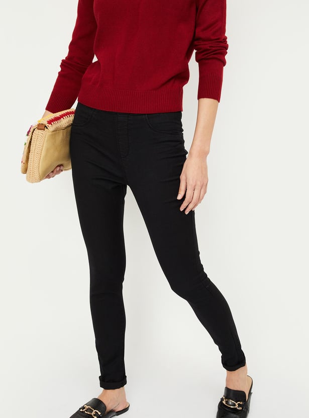 Buy Women Solid Elasticated Jeggings Online at just