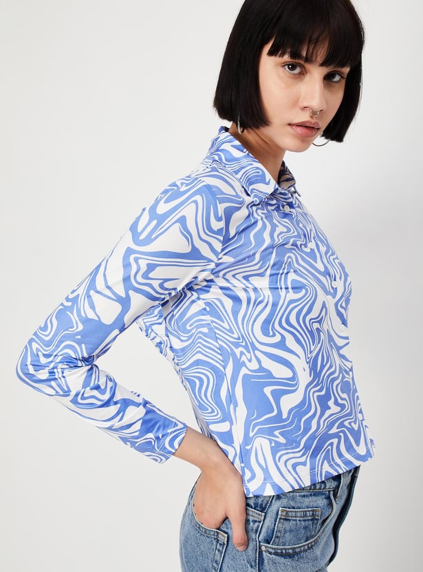 Women Marble Print Crop Shirt