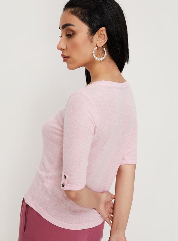 Women Textured T-shirt with Button Tabs