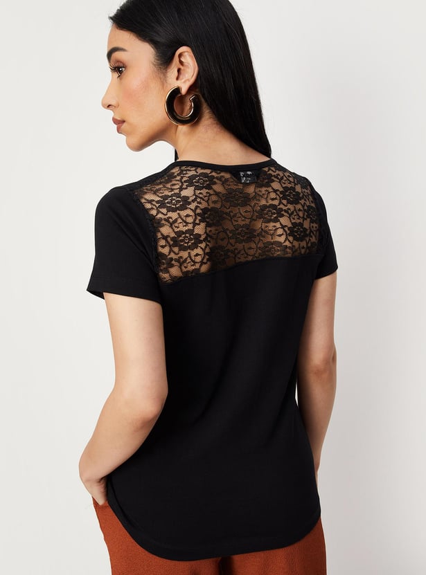 Women Lace Back Henley T-shirt