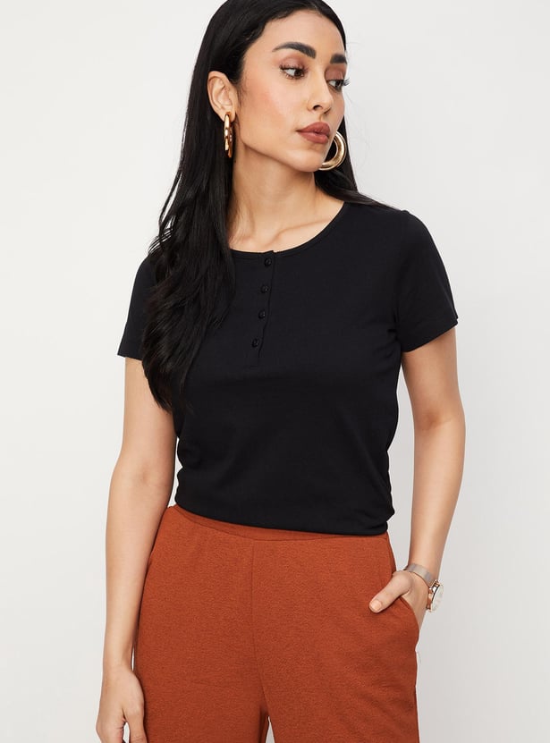 Women Lace Back Henley T-shirt