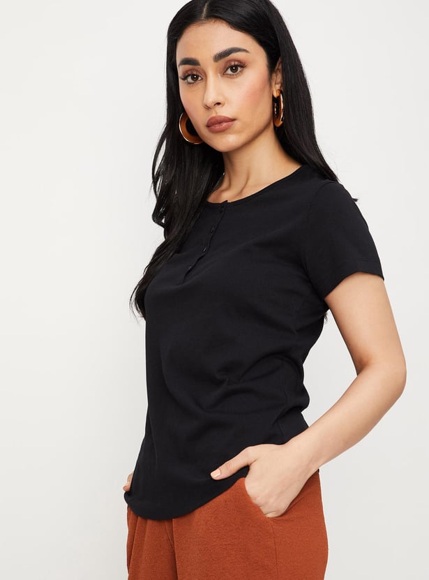Women Lace Back Henley T-shirt