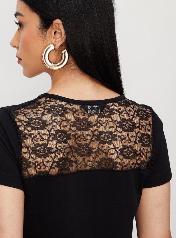 Women Lace Back Henley T-shirt