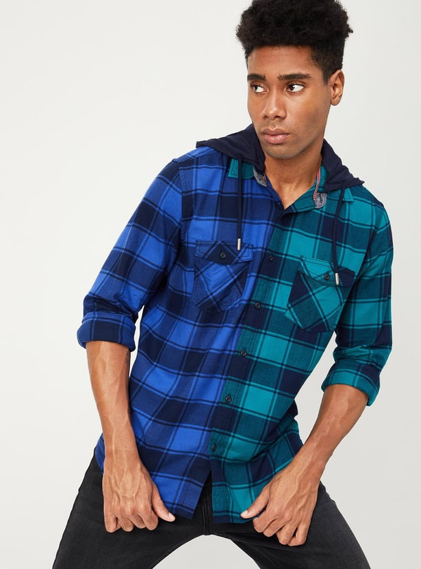 Men Checked Hooded Shirt