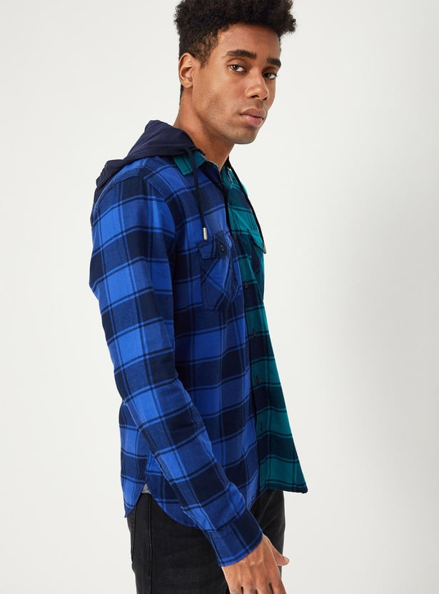 Men Checked Hooded Shirt