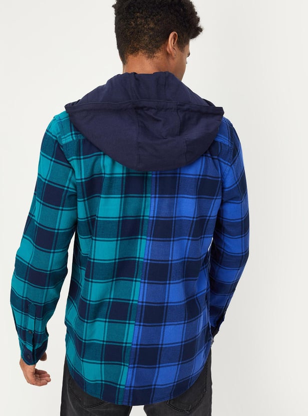 Men Checked Hooded Shirt