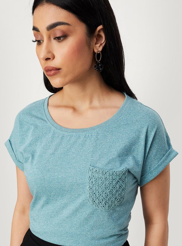 Women Solid T-shirt with Crochet Pocket