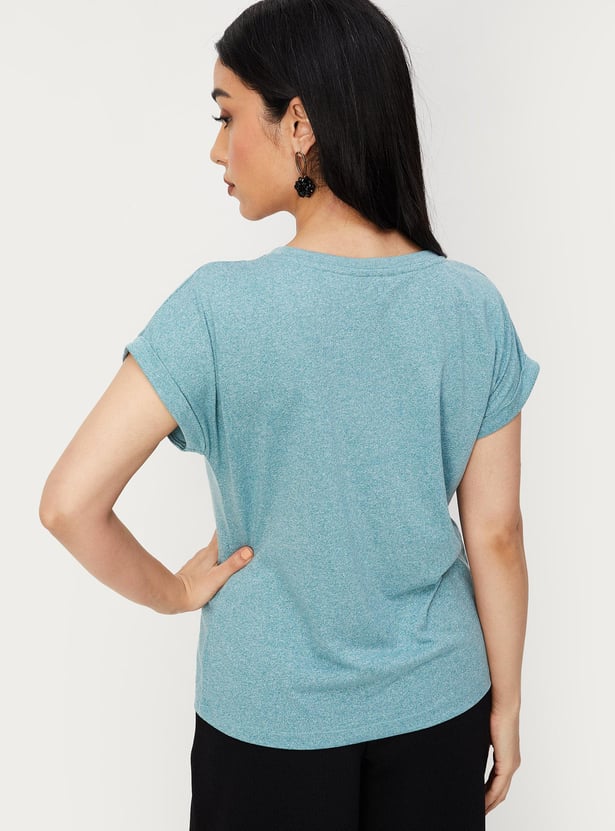 Women Solid T-shirt with Crochet Pocket