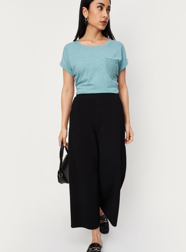 Women Solid T-shirt with Crochet Pocket