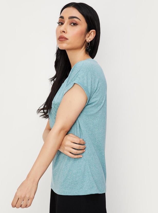 Women Solid T-shirt with Crochet Pocket